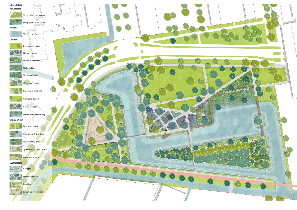 Schets van de nieuwe indeling van het Kooimanpark