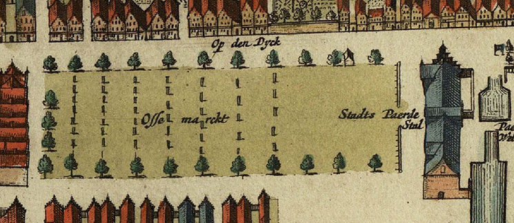 De ‘Ossemarckt’, zoals afgebeeld op de kaart van Frederick de Wit, rond 1650