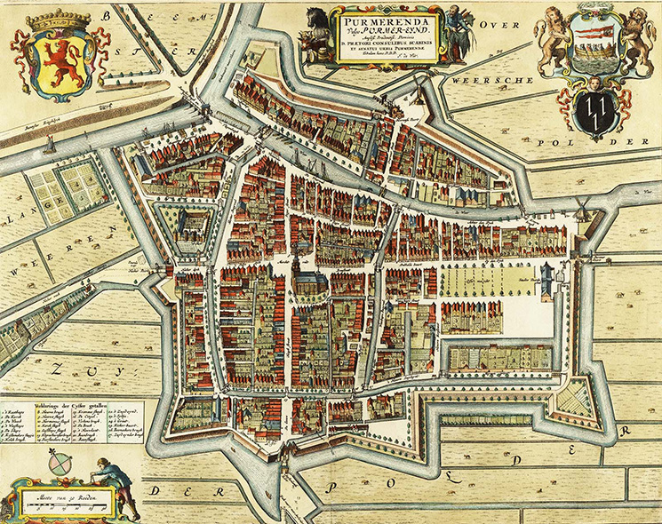 Purmerend in 1650, plattegrond van de bekende kaartenmaker Frederick de Wit. De stad zal tot het begin van de 20e eeuw niet groter worden dan hier afgebeeld.