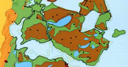 Reconstructiekaart van Noord-Holland rond ongeveer 1350 na Christus. Het gebied is volledig ontgonnen en in cultuur gebracht. Grote binnenmeren zijn ontstaan in het veen en dijkringen zijn aangelegd.