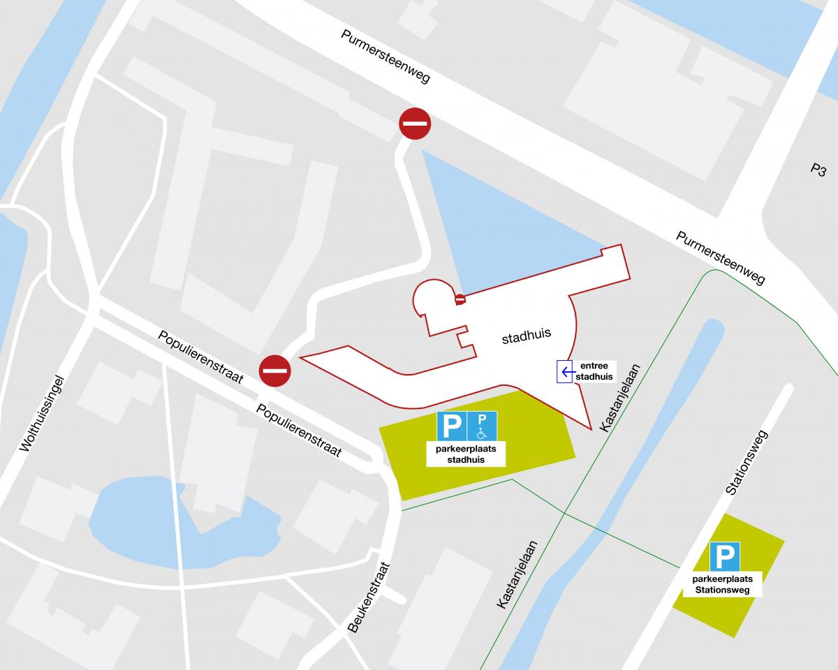 Afbeelding parkeerplaatsen achterkant stadhuis Purmerend en Stationsweg. 