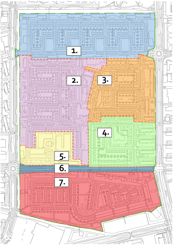 Kaartje van Overwhere-Zuid met in het blauw deelgebied 1: Rivierenlaan, Vlietstraat, Schiestraat, Spuistraat, Spaarnestraat en Flevostraat. in het paars deelgebied 2: Rijnstraat, Lekstraat, Waalstraat, IJsselstraat, Amstellaan, Van Balenstraat 11-57 (oneven) en 22-54 (even) en Maasstraat 6-100 (even) en 37-83 (oneven). in het oranje deelgebied 3: Scheldestraat, Eemstraat, Vechtstraat en Merwedestraat. In het groen deelgebied 4: Gasinjetstraat, Van Goor Hinloopenstraat 37-73 (oneven) en 50-80 (even), Hooft Hasselaarstraat en Tutein Noltheniusplein (even). In het geel deelgebied 5: Wormerplein, De Vriesplein, Tutein Noltheniusplein oneven, Van Balenstraat 2-20 (even) en 5-9 (oneven), Van Goor Hinloopenstraat 1-35 (oneven) en 2-48 (even) en Maasstraat 2 en 9-35 (oneven). In het blauw deelgebied 6: Van IJsendijkstraat en in het rood deelgebied 7: Jhr. Van Cittersplein, Cavaljéplein, Klaas Schoorlplein.
