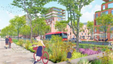 artist impression van brede Waterlandlaan met brede stoep waarop mensen voor hun appartement zitten, bloemrijke groenstrook, fietspad en rijweg, cafe aan de overkant