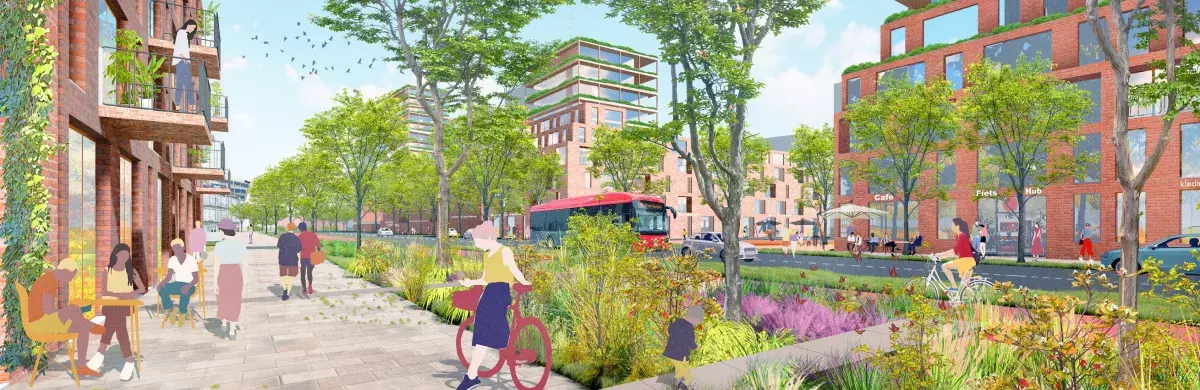 artist impression van brede Waterlandlaan met brede stoep waarop mensen voor hun appartement zitten, bloemrijke groenstrook, fietspad en rijweg, cafe aan de overkant