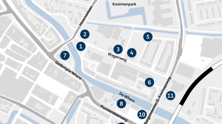 De verschillende projecten van het gebied op een landkaartje. Op 1. Wagenweg 9. 2. Locatie Deen. 3. Wagenweg 12. 4. Wagenweg 10. 5. Dopsloot. 6. Projectlocatie LIDL. 7. Post NL. 8. de Looiers. 9. Parkeergarage voor Stadhuis. 10. Brantjesoever. 11. Kop van Wagenweg.