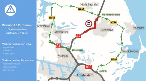 Vrachtverkeer richting Den Oever rijdt via de N247, N244 terug naar de A7. Vrachtverkeer richting Zaanstad wordt omgeleid via N244, N246 naar de A8. 