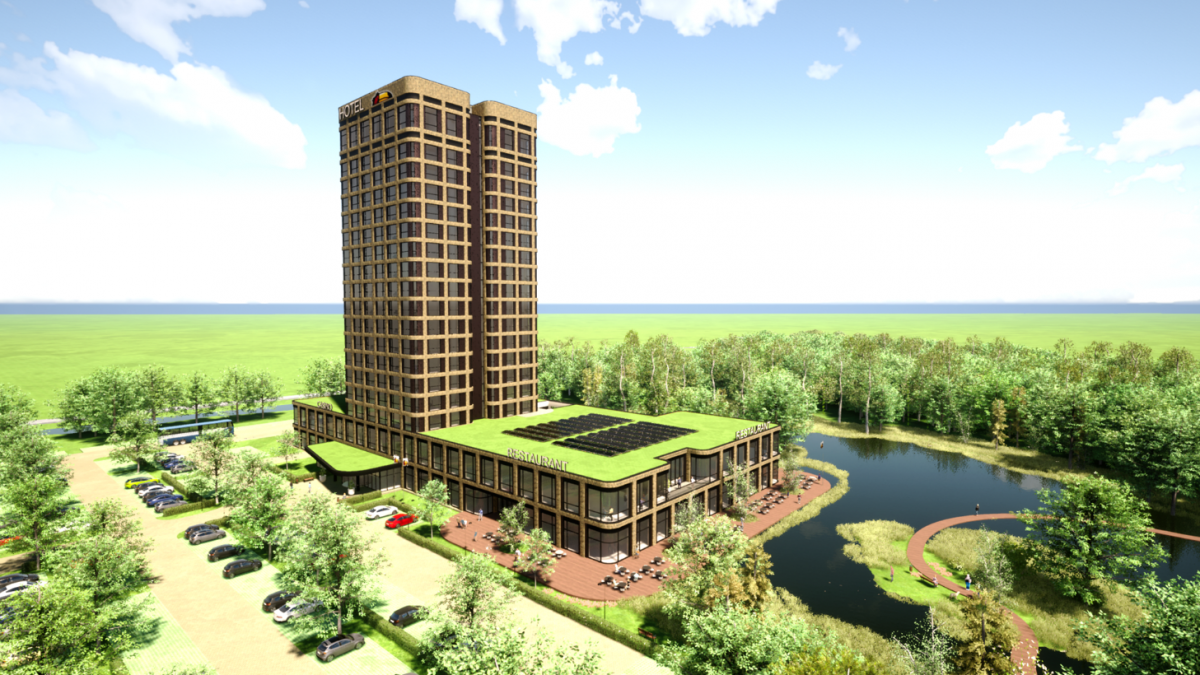 Impressie van het nieuwe Van der Valk-hotel in de kom A7 waarop de torens en het groene dak goed zichtbaar zijn.