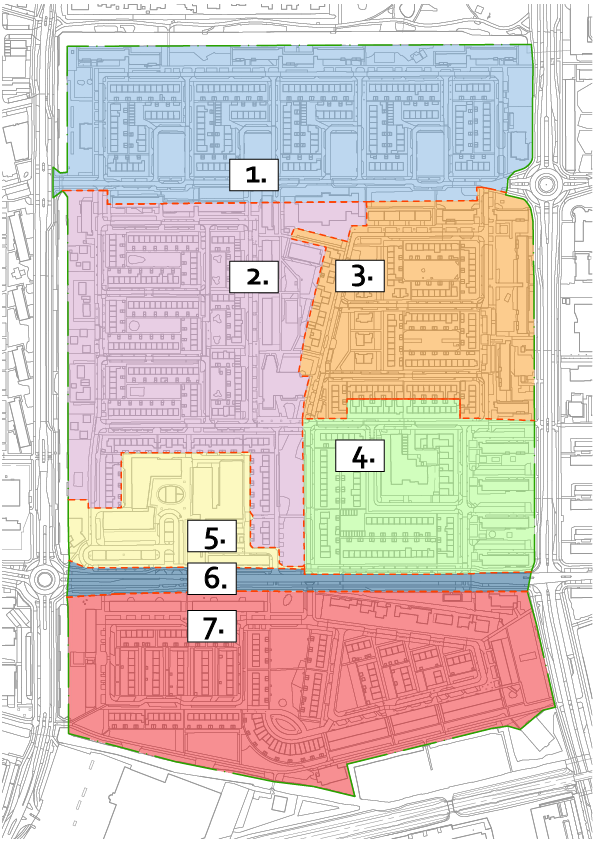 Kaartje met de 7 deelgebieden in het projectgebied van Overwhere-Zuid