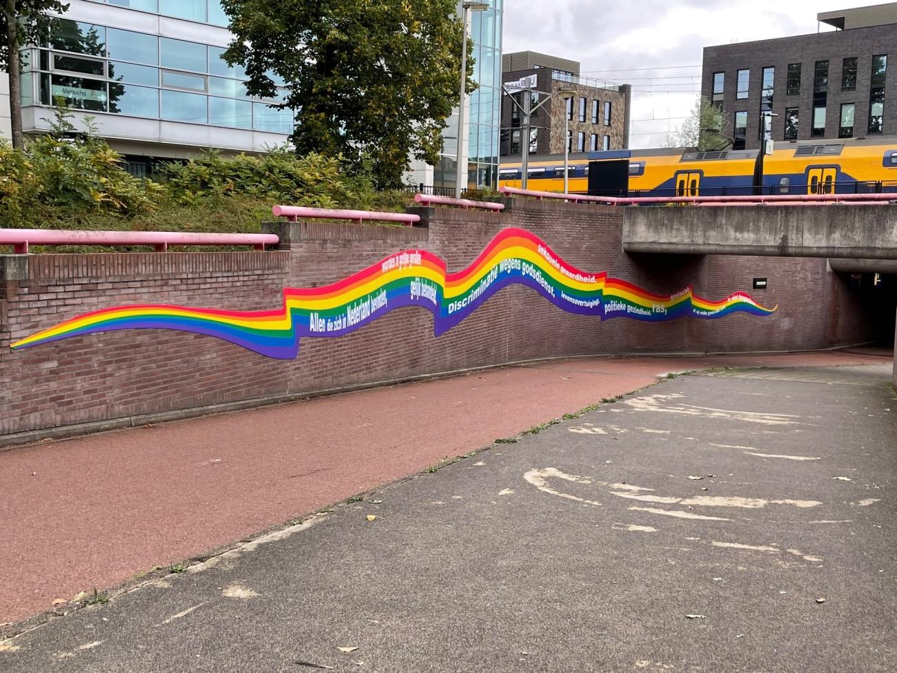 langwerpige regenboog met tekst: Allen die zich in Nederland bevinden, worden in gelijke gevallen gelijk behandeld. Discriminatie wegens godsdienst, levensovertuiging, politieke gezindheid, ras, geslacht of op welke grond dan ook, is niet toegestaan.