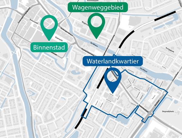 De ligging van het Waterlandkwartier naast de binnenstad en ten zuiden van het Wagenweggebied