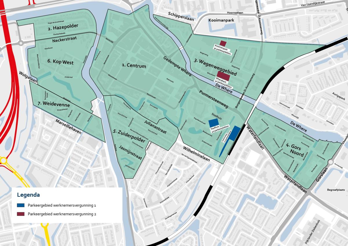 Parkeerlocaties voor de werknemersverklaring: het parkeerterrein aan de Stationsweg, langs de Stationsweg, aan de achterzijde van het stadhuis langs de Populierenstraat, parkeerterreinen Kooimanpark en Wherekant.