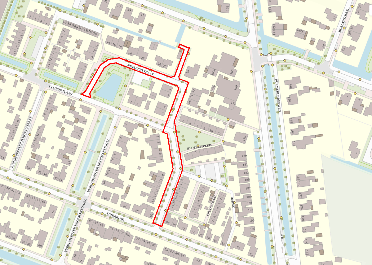 Het werkgebied rondom de Ninaberstraat met een rode lijn aangegeven.