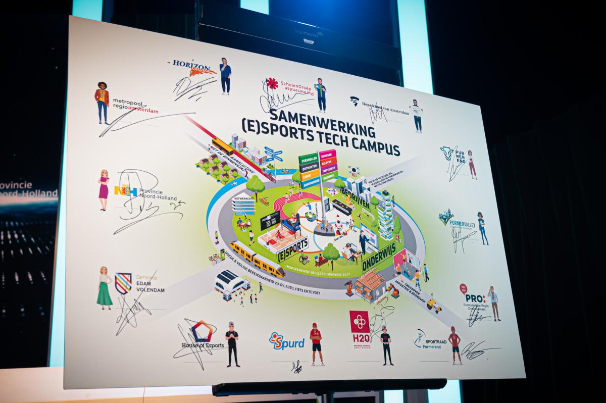 Grote animatie van de campus, met daaromheen handtekeningen van de samenwerkende partners