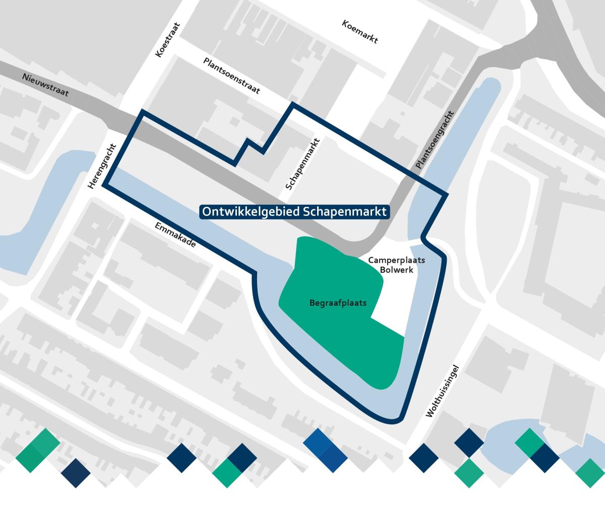 Op deze afbeelding wordt met een blauwe lijn het te ontwikkelen gebied aangeduid. Dit gebied loopt van de hoek Herengracht/Emmakade naar de hoek Nieuwstraat/Plantsoengracht, naar de hoek Plantsoengracht/Plantsoenstraat via de Soeteboomhog langs de Nieuwstraat terug naar de Herengracht. De begraafplaats valt binnen het ontwikkelgebied maar wordt niet meegenomen in de plannen. De camperplaats Bolwerk valt binnen het gebied en wordt wel meegenomen in de plannen.