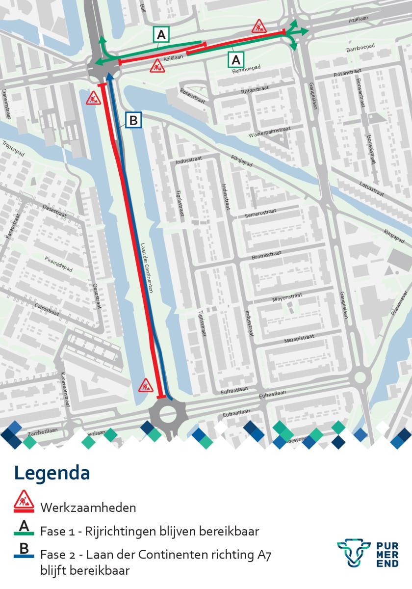 Op deze kaart is te zien dat er op de de Laan der Continenten en de Aziëlaan een deel van de weg wordt afgesloten. In de Aziëlaan wordt 1 rijbaan afgesloten. Dit geldt voor het deel vanaf het kruispunt Laan der Continenten tot het kruispunt Gangeslaan/Gordel van Smaragd. Verkeer van beiden kanten kan er langs. De Laan der Continenten wordt voor 1 rijrichting helemaal afgesloten. Dit geldt voor het deel vanaf het kruispunt Australiëlaan/Aziëlaan tot het kruispunt Zambezilaan/Eufraatlaan.