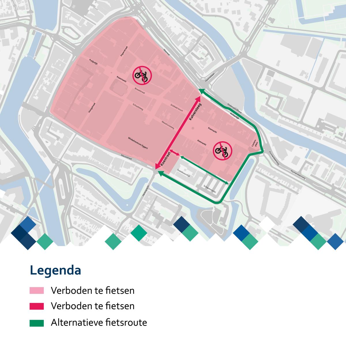 Op deze plattegrond is te zien dat het in de hele binnenstad van Purmerend verboden is om te fietsen, met uitzondering van het stuk aan het begin van de Schapenmarkt tot aan de Plantsoenstraat 20. Op die locatie zit de openbare fietsenstalling van Purmerend. Er wordt ook een alternatieve fietsroute aangegeven, namelijk via de Nieuwstraat, Plantsoengracht en het Looiersplein.