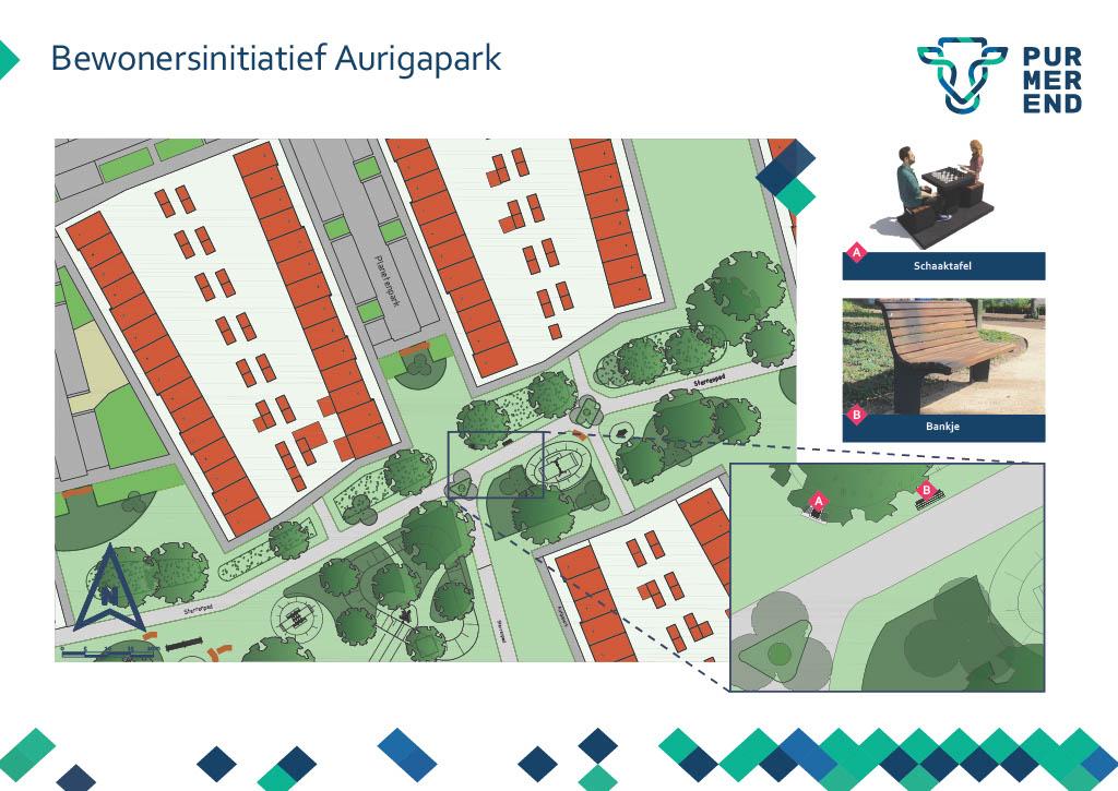 Plattegrond van een bewonersinitiatief in het Aurigapark in Purmerend. De kaart toont een woonwijk met omliggende groene zones, paden en bomen. In de rechterbovenhoek zijn twee foto’s toegevoegd: één van een schaaktafel (gemarkeerd met “A”) en één van een bankje (gemarkeerd met “B”). Linksonder op de plattegrond staat een noordpijl. Rechtsonder is een uitvergroot gedeelte te zien waar de locaties van de schaaktafel en het bankje in het park zijn gemarkeerd.