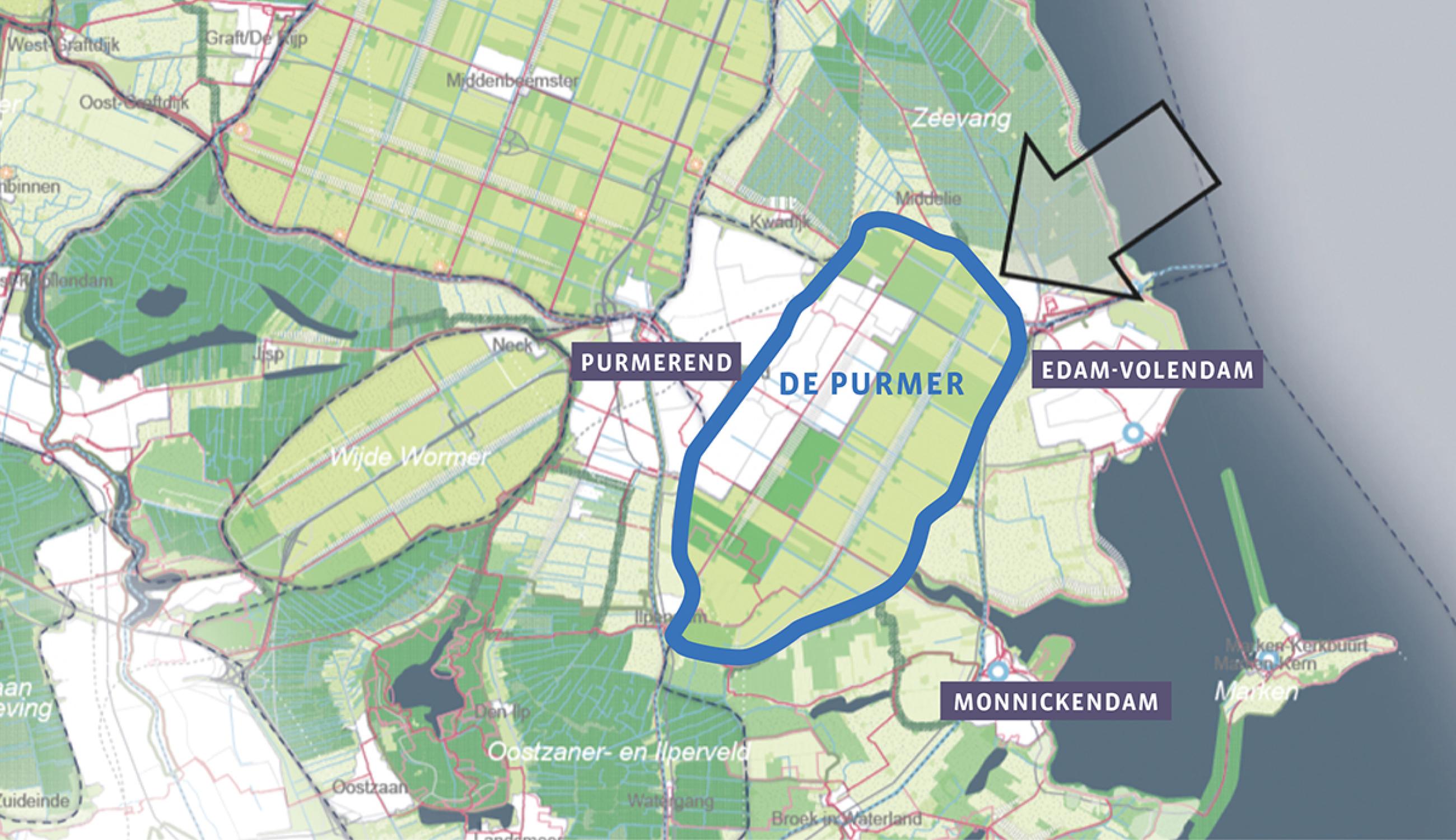 Een kaart waarop te zien is dat De Purmer tussen Purmerend en Edam-V9olendam in ligt. 
