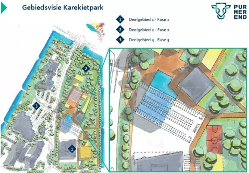 Plattegrondtekening van gebiedsvisie Karekietpark, met 3 deelgebieden in 3 fases