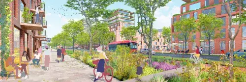 artist impression van brede Waterlandlaan met brede stoep waarop mensen voor hun appartement zitten, bloemrijke groenstrook, fietspad en rijweg, cafe aan de overkant