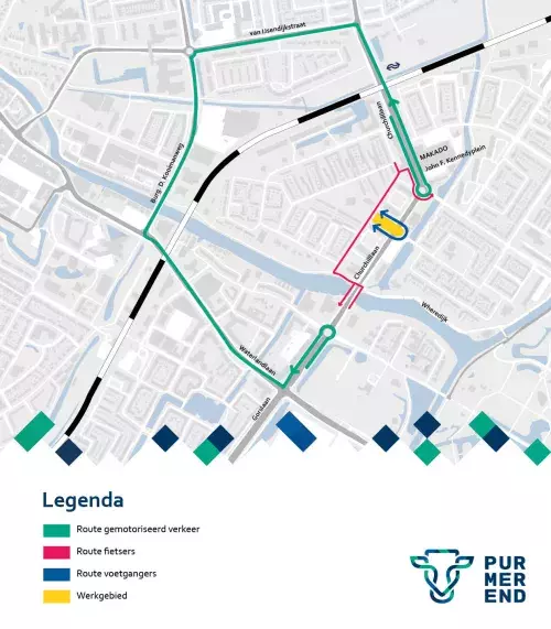 omleidingsroute gemotoriseerd verkeer via Waterlandlaan, Burg. Kooimanweg, van Ijssendijkstraat en Churchillaan. Voetgangers via de Mercuriusweg