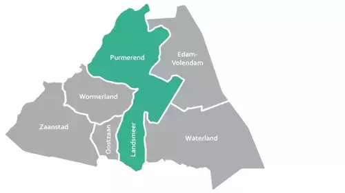 Kaart van de regio rond Purmerend. Purmerend en Landsmeer zijn groen gekleurd. De omliggende gemeenten Edam-Volendam, Waterland, Oostzaan, Wormerland en Zaanstad zijn grijs weergegeven.
