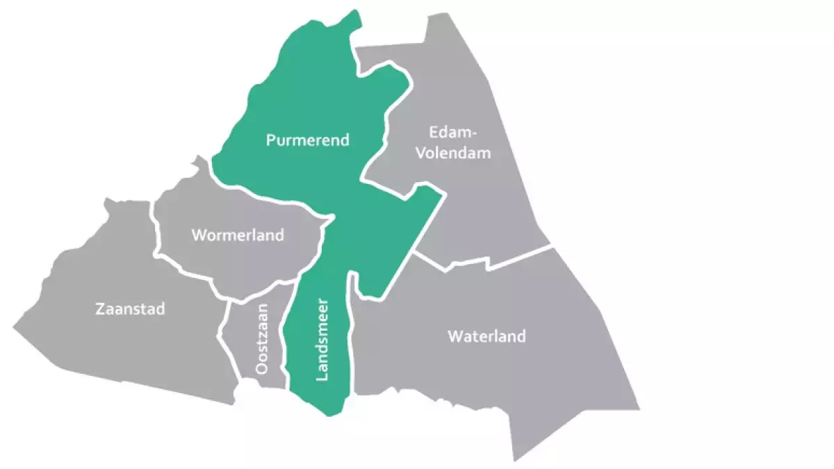 Kaart van de regio rond Purmerend. Purmerend en Landsmeer zijn groen gekleurd. De omliggende gemeenten Edam-Volendam, Waterland, Oostzaan, Wormerland en Zaanstad zijn grijs weergegeven.