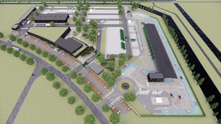 Luchtfoto van een digitale impressie van de nieuwe milieustraat in Purmerend. Je ziet verschillende gebouwen, parkeerplaatsen, wegen en een rotonde. Rechts is de inrit voor bezoekers met auto’s. Langs de rechterkant staan containers voor afvalscheiding en een lang gebouw met zonnepanelen. Links staan kantoor- en werkgebouwen en parkeerplaatsen voor personeel.